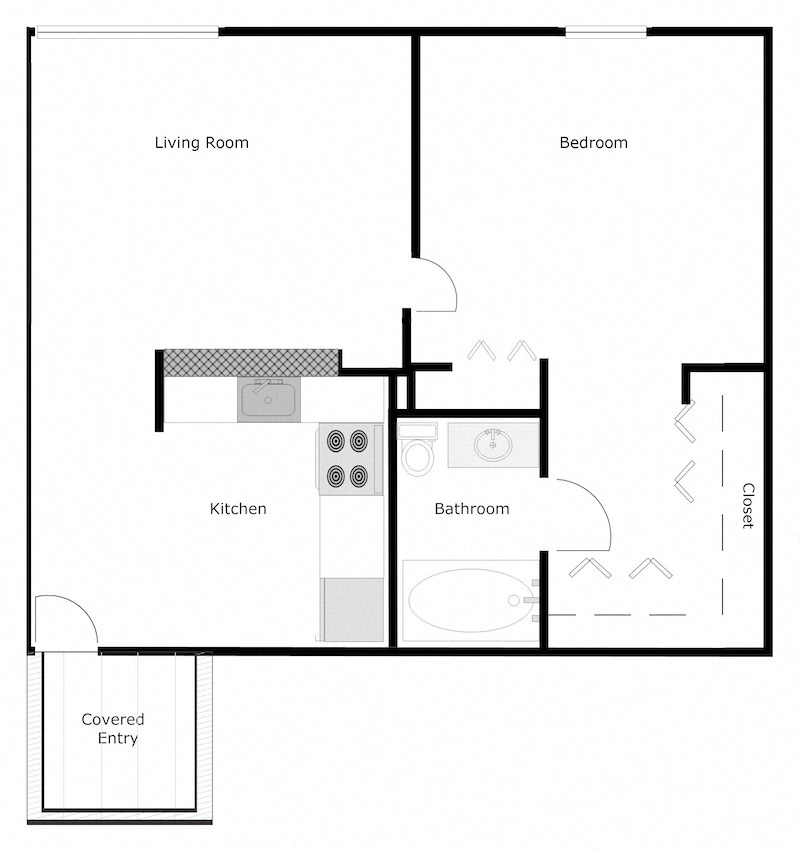 Floor plan for 1 bed, 1 bath, 502 sqft